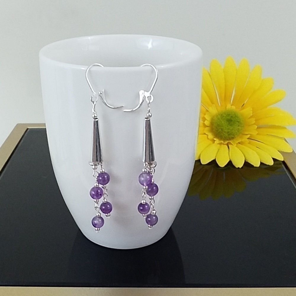 Silver Ton Amethyst Dangling Earrings.
